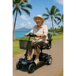 Lightweight mobility scooter parked outdoors