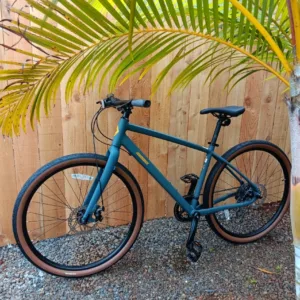 Cyclist riding an all-day geared bike on island trails