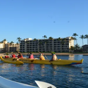 Traditional canoe gliding over calm island waters