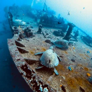 Diver exploring underwater wreck and reef in Honolulu