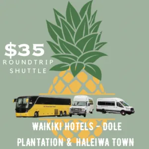 Shuttle bus traveling through lush landscape near Dole Plantation