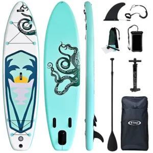 Inflatable paddle board featuring blue whale artwork