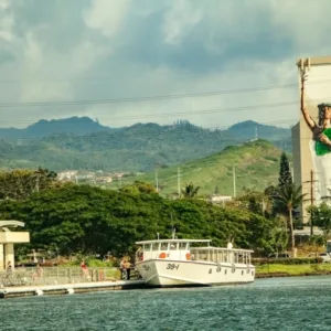 Historic Pearl Harbor memorial site with USS Arizona in view