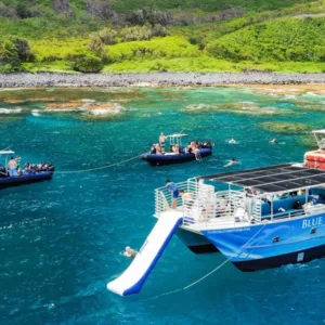 Power catamaran cruising along Na Pali Coast cliffs