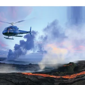Helicopter flying over Big Island volcanoes and ocean