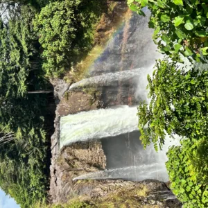 Visitors admiring cascading waterfalls on island tour