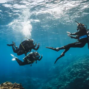 Scuba diver preparing to enter ocean for dive