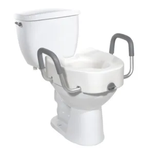 Raised toilet seat with sturdy handles installed