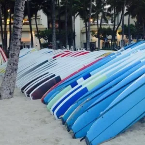Stand-up paddleboards lined up on Waikiki beach sand
