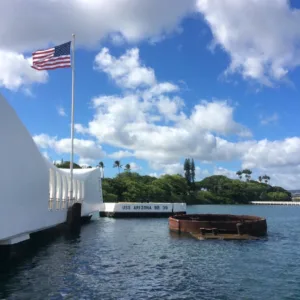 Visitor boat approaching USS Arizona Memorial