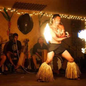People enjoying traditional Hawaiian luau feast outdoors