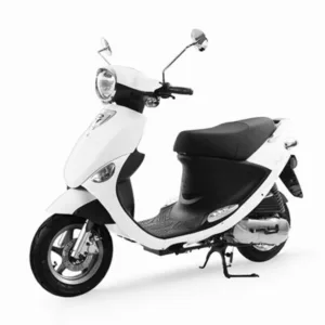 Genuine Buddy 50cc moped parked near beach