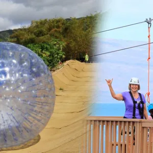 Person inside giant inflatable aquaball on water