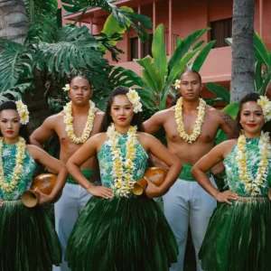 Traditional Hawaiian luau with dancers performing on stage