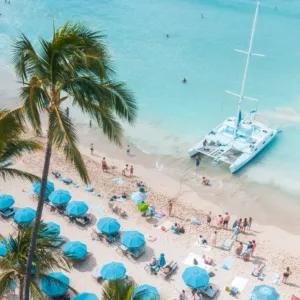 Relaxing catamaran sail along Waikiki Beach