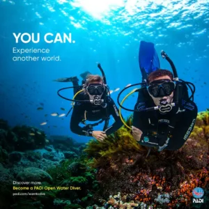 Student practicing scuba diving skills in open water course