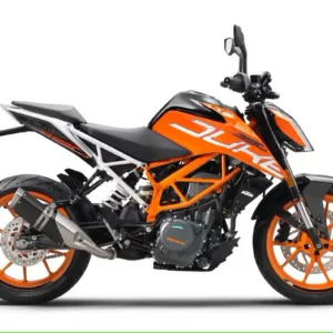 KTM Duke 390 motorcycle parked by beachside road