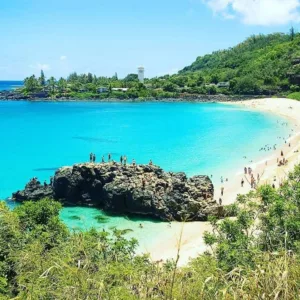 Scenic view of North Shore with Waimea Waterfall