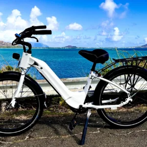 Electric bike parked near Kailua beach shore