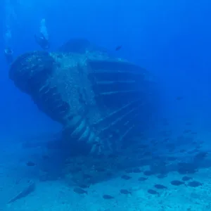 Scuba diver exploring underwater wreck site