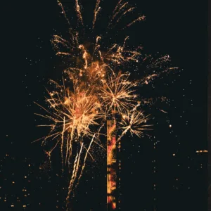 View of fireworks over Honolulu harbor at night
