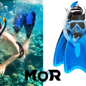 Snorkel gear including fins and mask on a white background