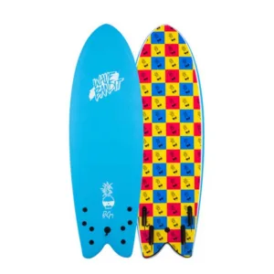 5 foot 8 inch soft-top surfboard on sandy beach