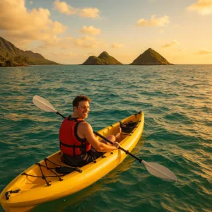 Double kayaks ready for launch on a sandy beach
