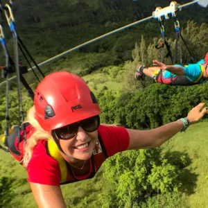 Zipline cables stretched above green forest canopy