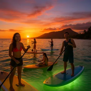 Paddleboard glowing with lights at twilight