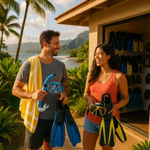 Dive gear rental shop with masks and fins displayed