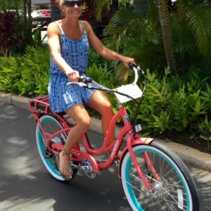 Electric comfort cruiser bike parked outdoors