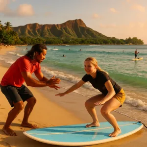 Surf instructor teaching beginner on sandy beach