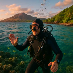 Diver practicing buoyancy control underwater near coral reef