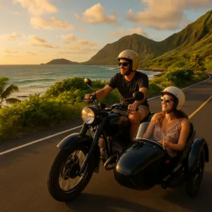 Vintage-style sidecar motorcycle touring Waikiki