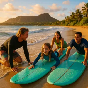 Large group learning to surf together on sunny beach