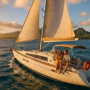 Private yacht cruising near Honolulu coastline at sunset