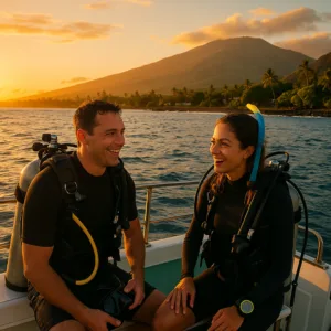 Divers exploring underwater Sheraton Caverns at twilight