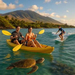Person kayaking near sea turtles in Makena Bay