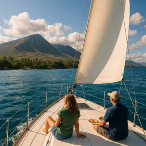 Private yacht sailing on clear ocean waters