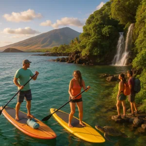 Kayakers paddling near waterfall on Maui coastline
