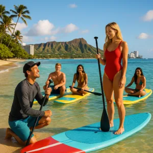 Instructor explaining paddleboard basics to beginners