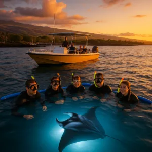 Night snorkelers with underwater lights